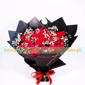 Round Bouquet With Red Roses And Baby's Breath