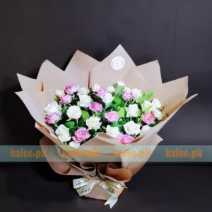White And Pink Roses Round Shaped Bouquet