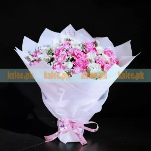 White Pink Roses And Statice Flowers Round Bouquet