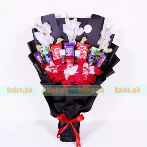 Mix Chocolates Red Roses And Gladiolus Bouquet