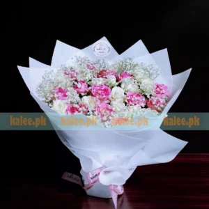 White & Pink Roses Round Bouquet With Baby's Breath