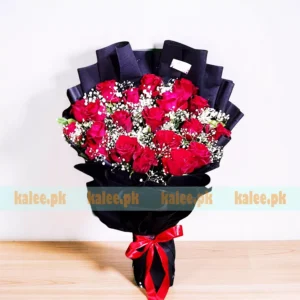 Baby's Breath With Red Roses Flat Bouquet