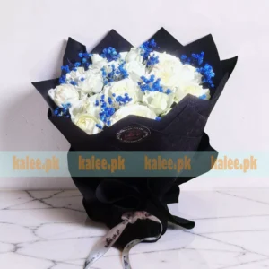 White Roses With Blue Baby's Breath Bouquet