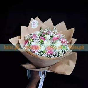 Pink White Roses And Baby's Breath Round Bouquet