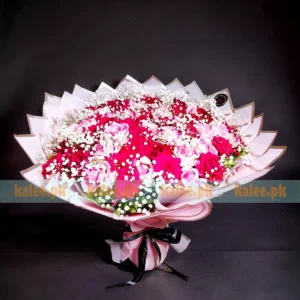 100 Pink And Red Roses Bouquet With Baby's Breath