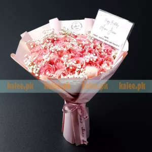 Round Bouquet With Pink Roses And Baby's Breath
