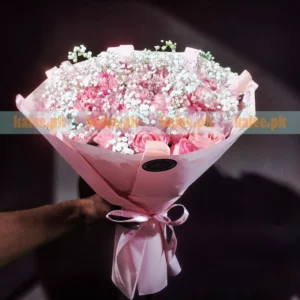 Baby's Breath And Pink Roses Round Bouquet