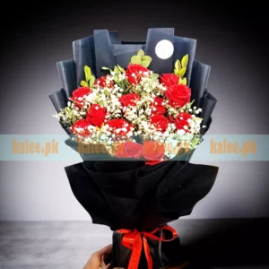 Flat Design Bouquet With Baby's Breath & Red Roses
