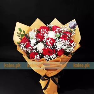 Imported White And Roses Bouquet With Baby's Breath