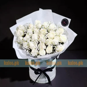 Imported White Rose Flowers Box With Baby's Breath