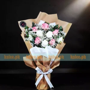 Imported Pink And White Roses With Baby's Breath