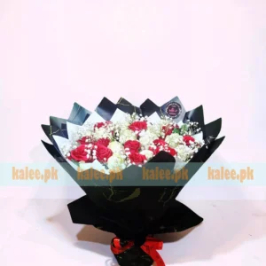 Round Red And White Roses Bouquet With Baby's Breath