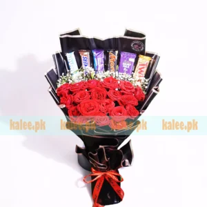 Mixed Chocolates Bouquet With Roses & Baby's Breath