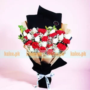 Imported White Red Roses & Baby's Breath Bouquet