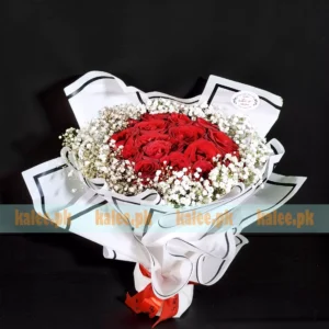 Red Roses And Baby's Breath Round Bouquet