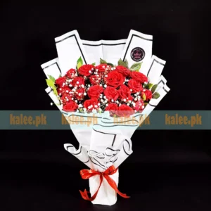 Baby's Breath & Red Roses Flat Bouquet