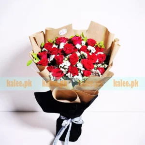 Red Roses And Statice Flat Bouquet