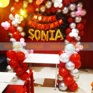 Crimson Red & Chrome Silver Birthday Balloon Arch Setup