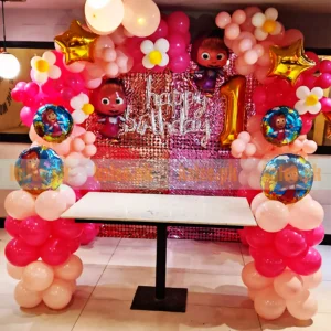 Masha & Bear Theme Pink 1st Birthday Balloons Setup