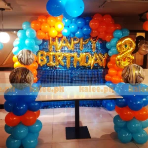 Blue & Orange Birthday Balloons Archway with Shimmer Backdrop