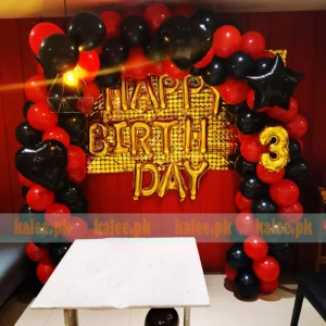 Bold Red & Black Birthday Balloon Arch With Gold Backdrop