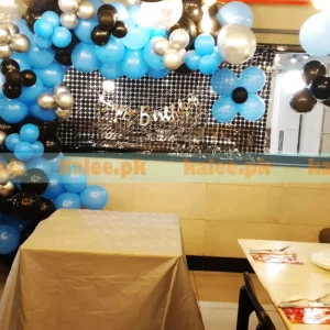 Blue & Black Balloon Arch With Foil Shimmer Backdrop